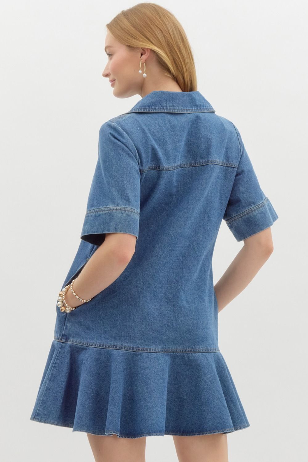 Denim short sleeve collared split v-neck pullover mini dress