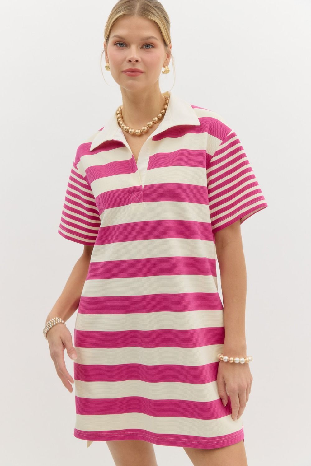 Striped short sleeve mini polo shirt dress