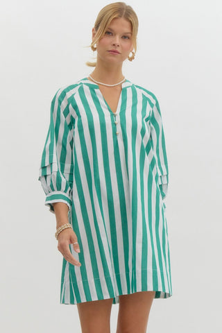 Striped round neck split v-neck pullover mini dress