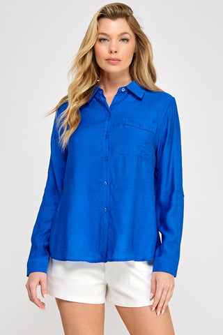 Solid V Neck Pocket Long Sleeve Waist Tie Blouse