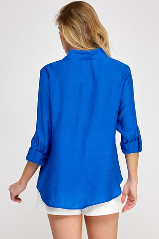 Solid V Neck Pocket Long Sleeve Waist Tie Blouse
