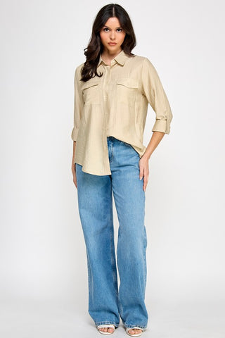 Solid Collared Flap Pockets Long Sleeve Blouse
