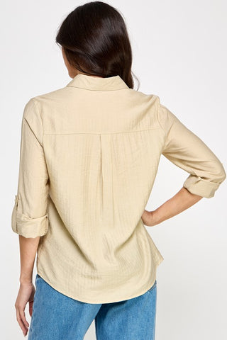 Solid Collared Flap Pockets Long Sleeve Blouse