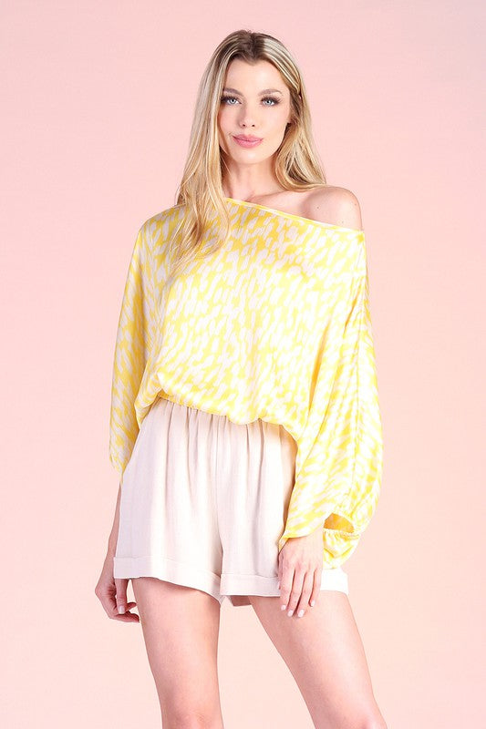 Brush Stroke Satin Boat Neck Balloon Top