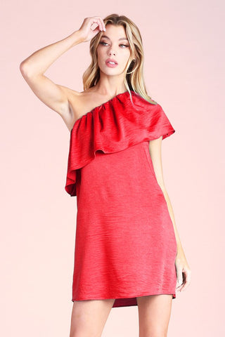 Washed Satin Crepe Ruffle Shoulder Mini Dress