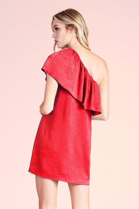 Washed Satin Crepe Ruffle Shoulder Mini Dress