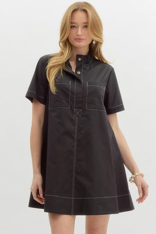 Solid high neck short sleeve front half placket button swing mini dress