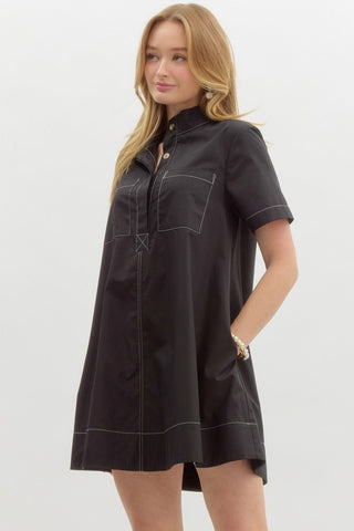 Solid high neck short sleeve front half placket button swing mini dress