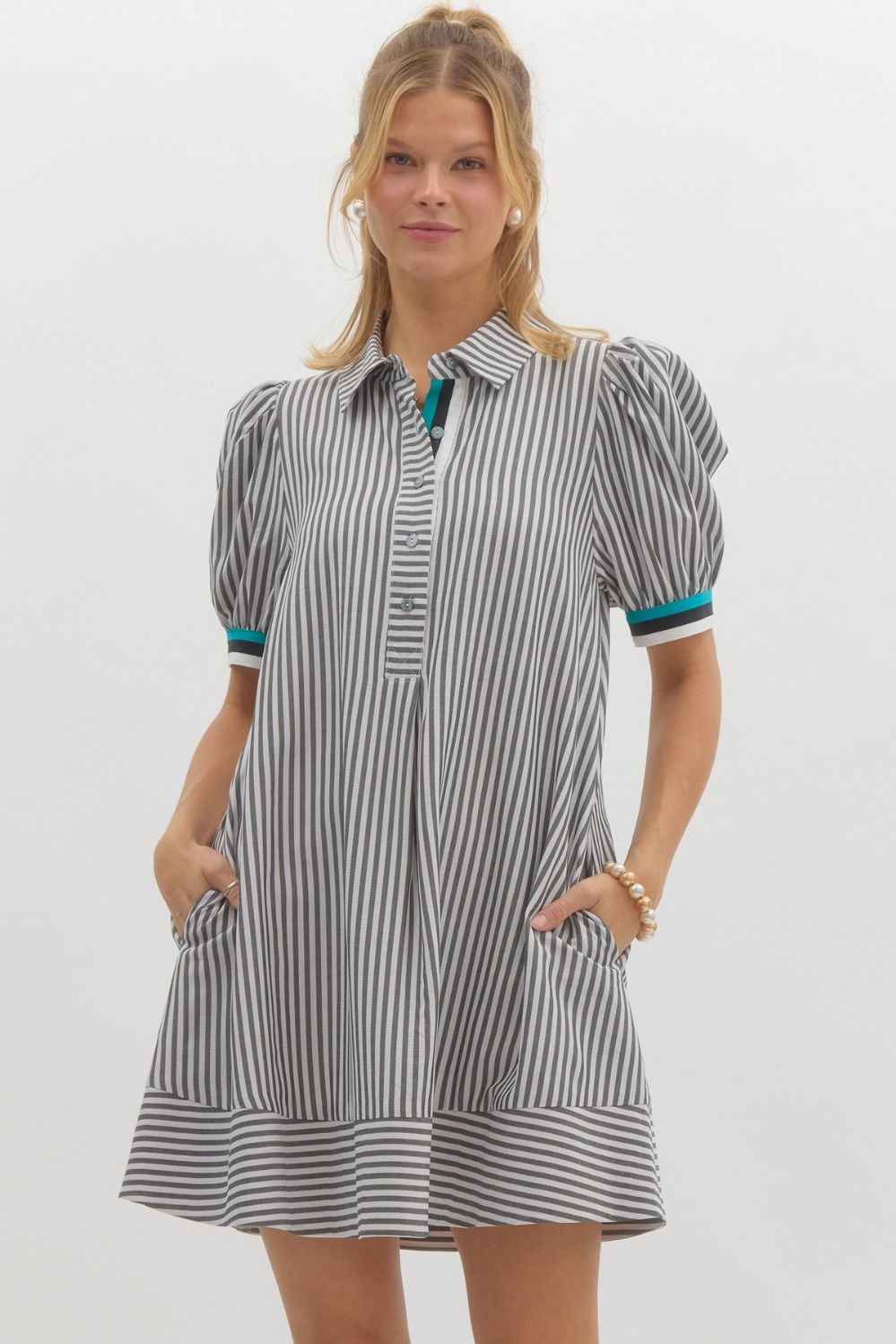 Striped short puff sleeve swing shirt dress