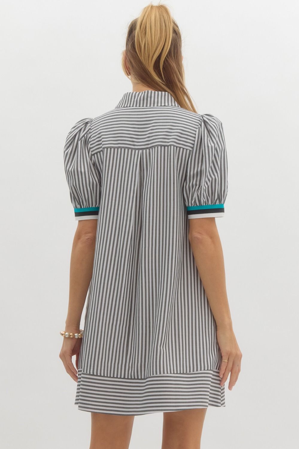 Striped short puff sleeve swing shirt dress