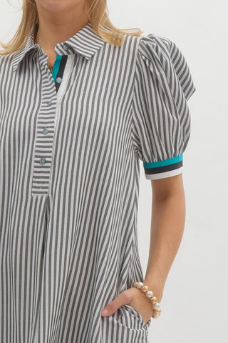 Striped short puff sleeve swing shirt dress