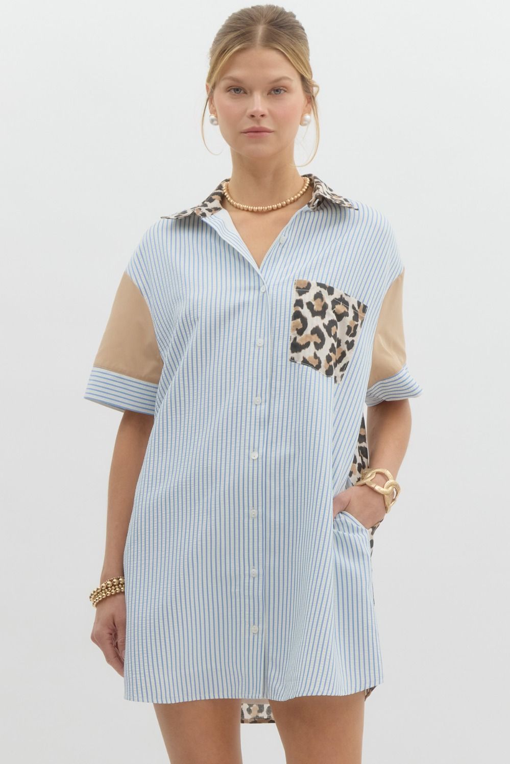 Multi print mix pattern short sleeve shirt dress