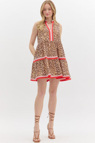 Leopard print sleeveless tiered mini dress