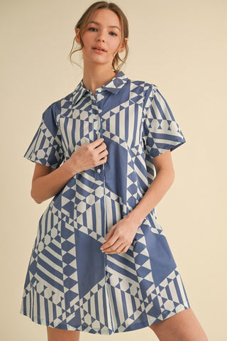 Geometric Button-up Dress with Pockets