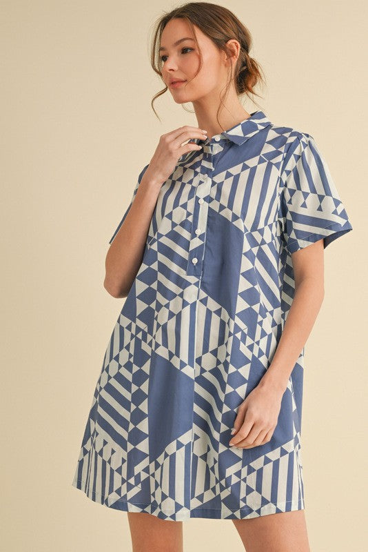 Geometric Button-up Dress with Pockets