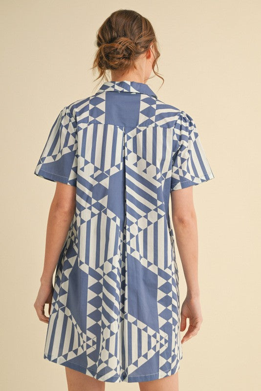 Geometric Button-up Dress with Pockets