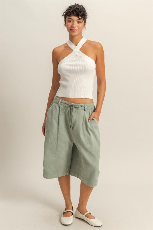 Drawstring Waist Wide Leg Jort