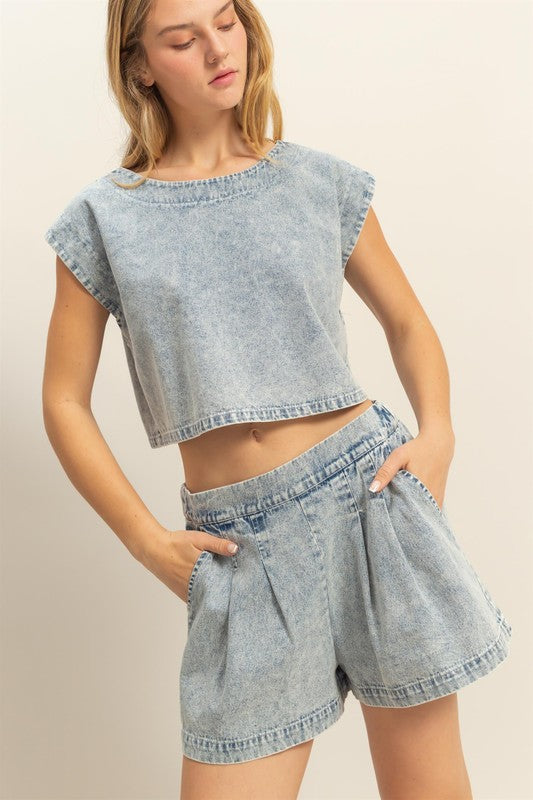 Crop Top And Pleated Shorts Denim Set