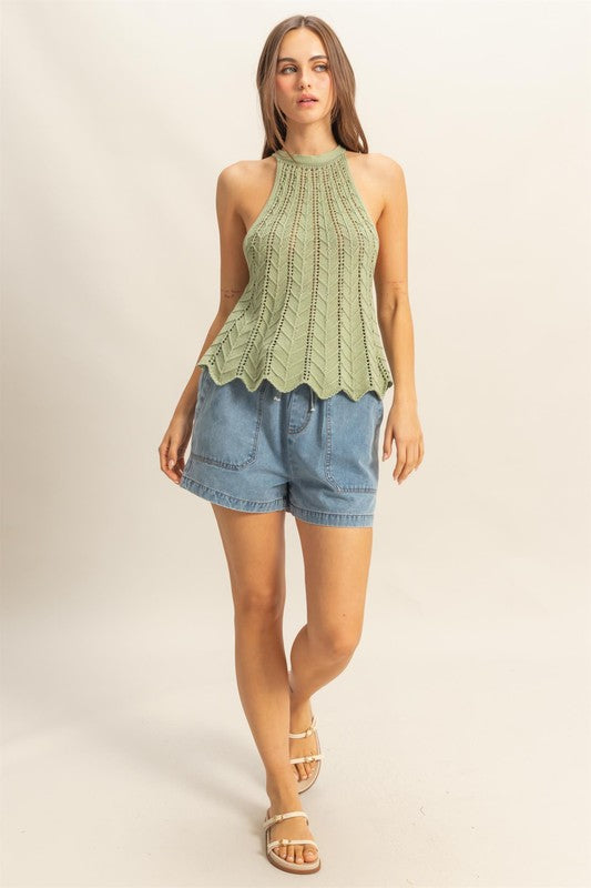 Open Stitch Halter Neck Open Back Top