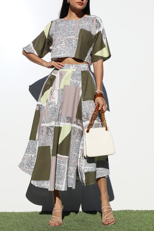 PRINTED LOOSE FIT WOVEN TOP AND SKIRT SET