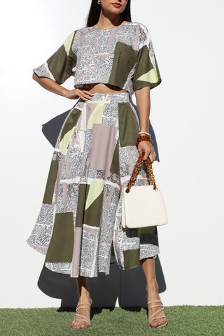 PRINTED LOOSE FIT WOVEN TOP AND SKIRT SET