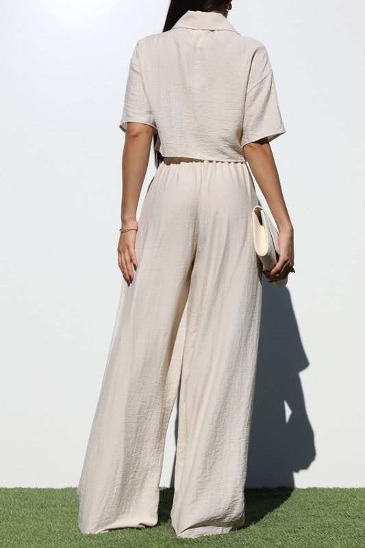 BUTTON DOWN WOVEN TOP AND PANTS SET