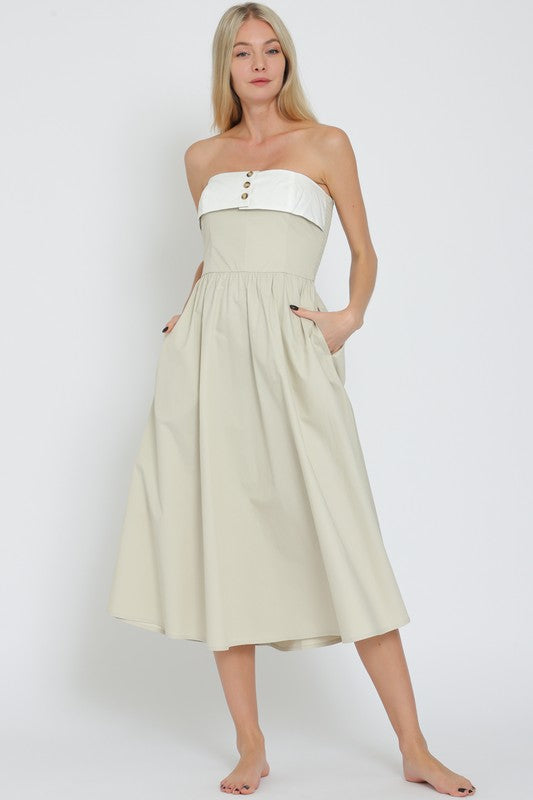 TUBE CONTRAST CHEST BAND DETAIL SMOCKED MIDI DRESS