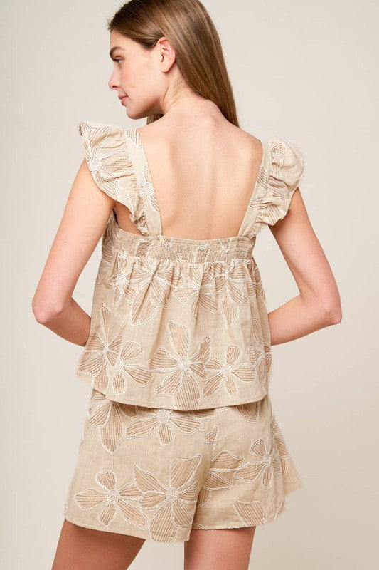 Solid Woven Embroidered Top