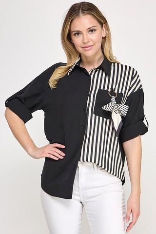 RIBBON DETAIL STRIPE COLOR BLOCK SHIRT
