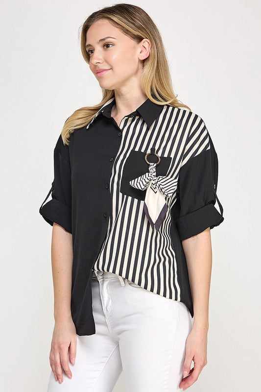 RIBBON DETAIL STRIPE COLOR BLOCK SHIRT