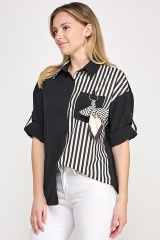 RIBBON DETAIL STRIPE COLOR BLOCK SHIRT