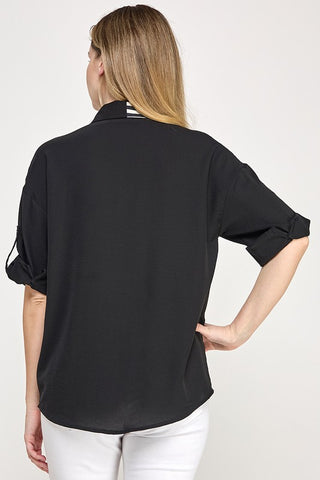 RIBBON DETAIL STRIPE COLOR BLOCK SHIRT