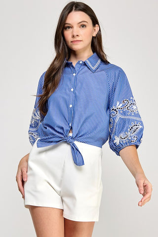 LACE DETAIL SLV STRIPE SHIRT