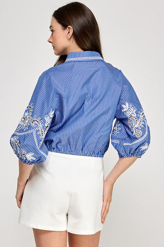 LACE DETAIL SLV STRIPE SHIRT