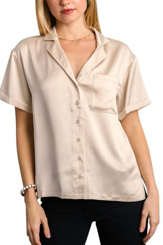 Embossed Satin Button Down Top with Chest Pocket