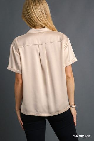 Embossed Satin Button Down Top with Chest Pocket