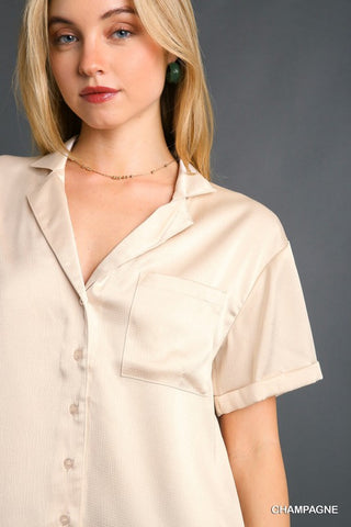Embossed Satin Button Down Top with Chest Pocket