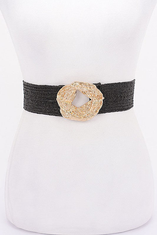 Metal Buckle Elastic Faux Straw Belt