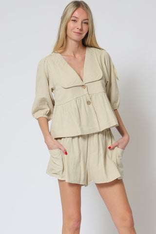 3/4 SLEEVE BUTTON DOWN TOP WAISTED SHORTS SET