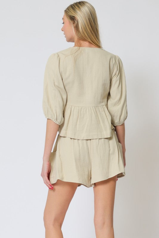 3/4 SLEEVE BUTTON DOWN TOP WAISTED SHORTS SET
