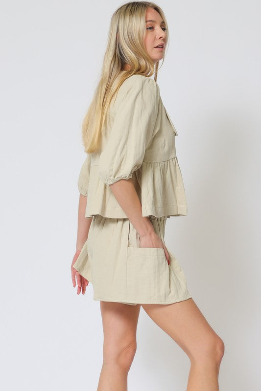 3/4 SLEEVE BUTTON DOWN TOP WAISTED SHORTS SET