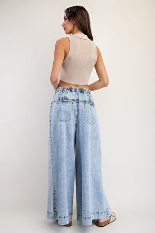 Mineral Washed Pleated Wide Leg Pants