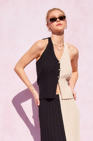Two Tone Ribbed knit Halter Top