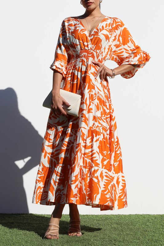 PRINTED V NECK WOVEN MIDI DRESS