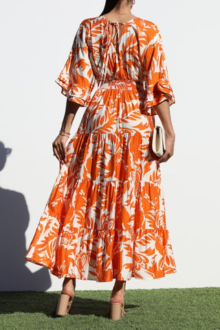 PRINTED V NECK WOVEN MIDI DRESS