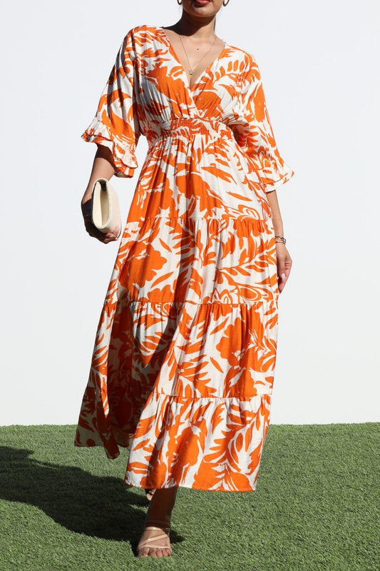 PRINTED V NECK WOVEN MIDI DRESS