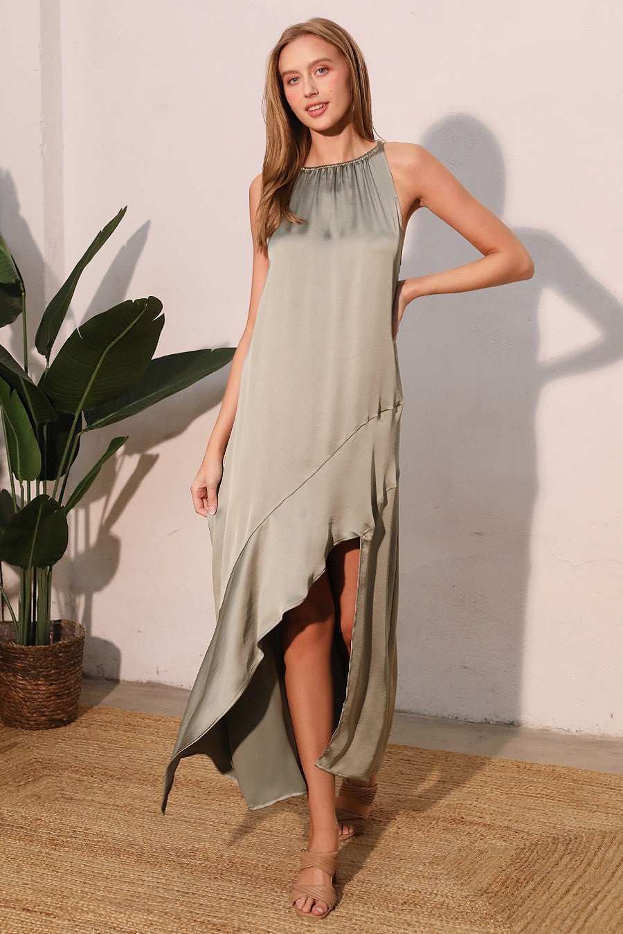 Lux Stretch Satin Elastic High Neck Dress