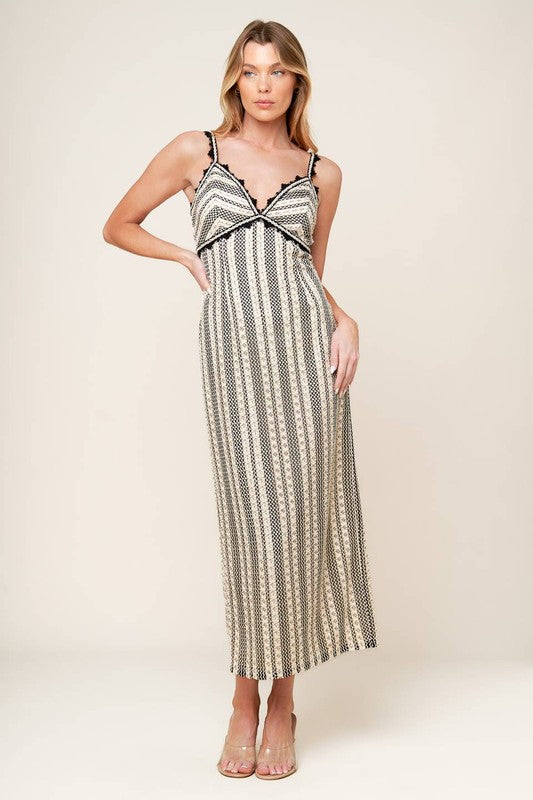 A crochet lace midi dress featuring cami top, straight skirt, back slit with zipper closure