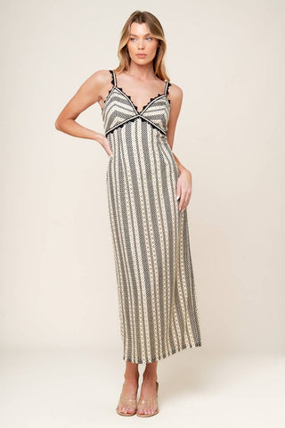 A crochet lace midi dress featuring cami top, straight skirt, back slit with zipper closure