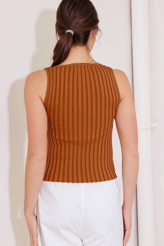 A ribbed sweater knit top featuring round neckline and button down